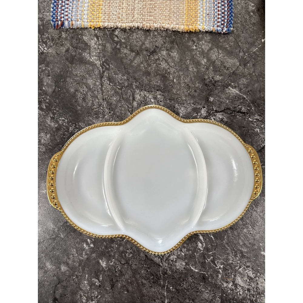 Vintage Anchor Hocking Fire King Milk Glass Gold Bead Trim 3 Part Relish Dish